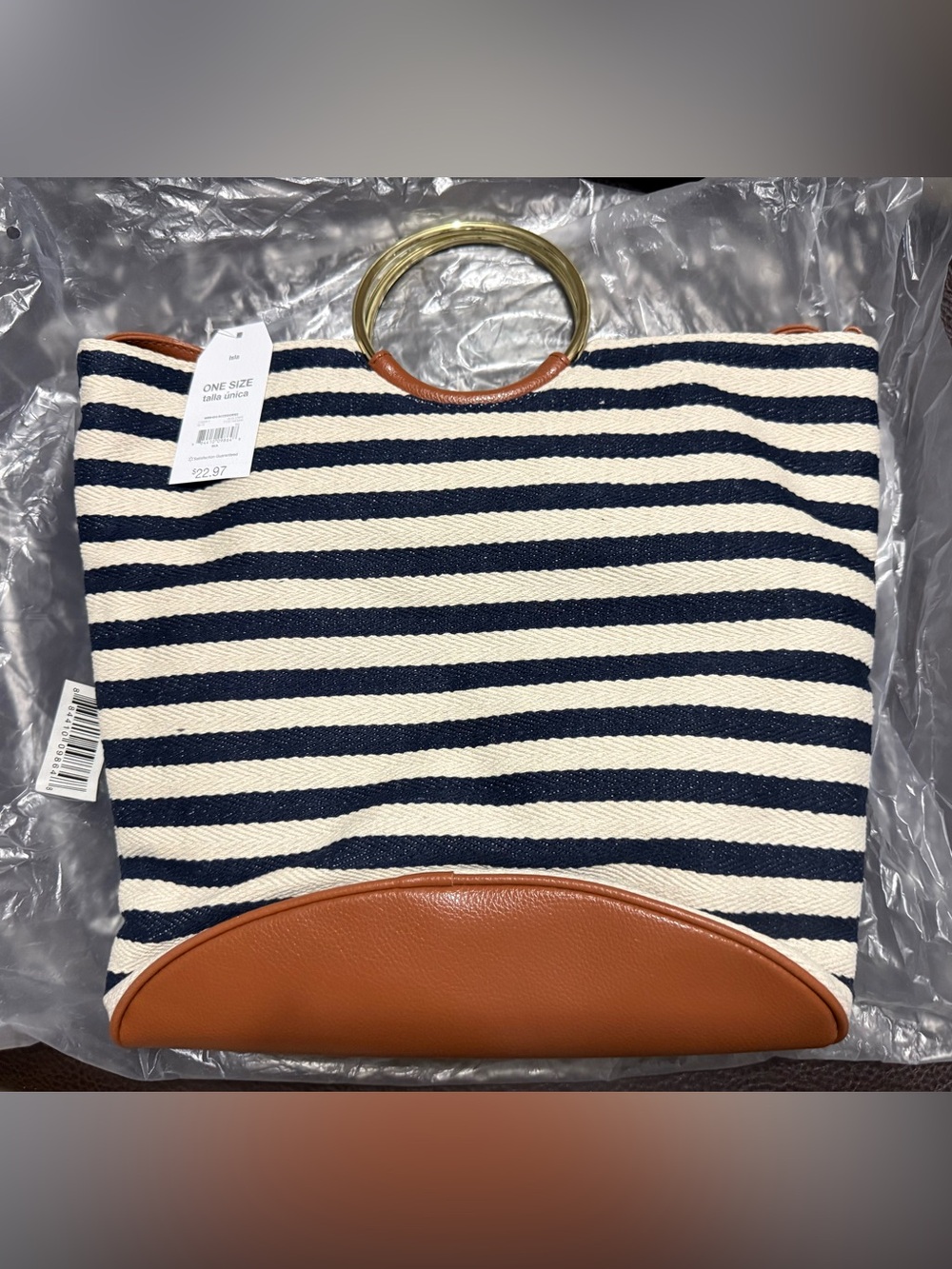 Time and Tru Navy and Cream Striped Tote with Tan Trim